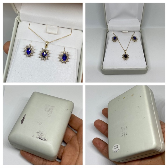 Vintage 10k Solid Gold Blue Sapphire 2 Piece Matching Set 18” Necklace Earrings - Picture 9 of 16